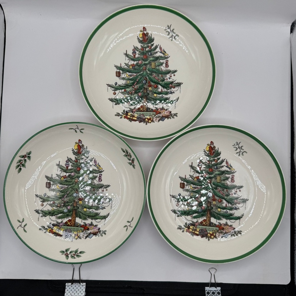 Spode Christmas Tree Dinner Plates Set of 3 9in Green Trim S3324-A4 England